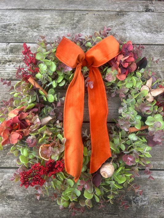 Christmas Hydrangea & Eucalyptus Artificial Wreath -Burnt Orange Velvet Ribbon