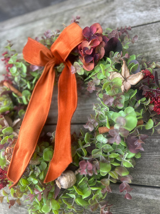Christmas Hydrangea & Eucalyptus Artificial Wreath -Burnt Orange Velvet Ribbon