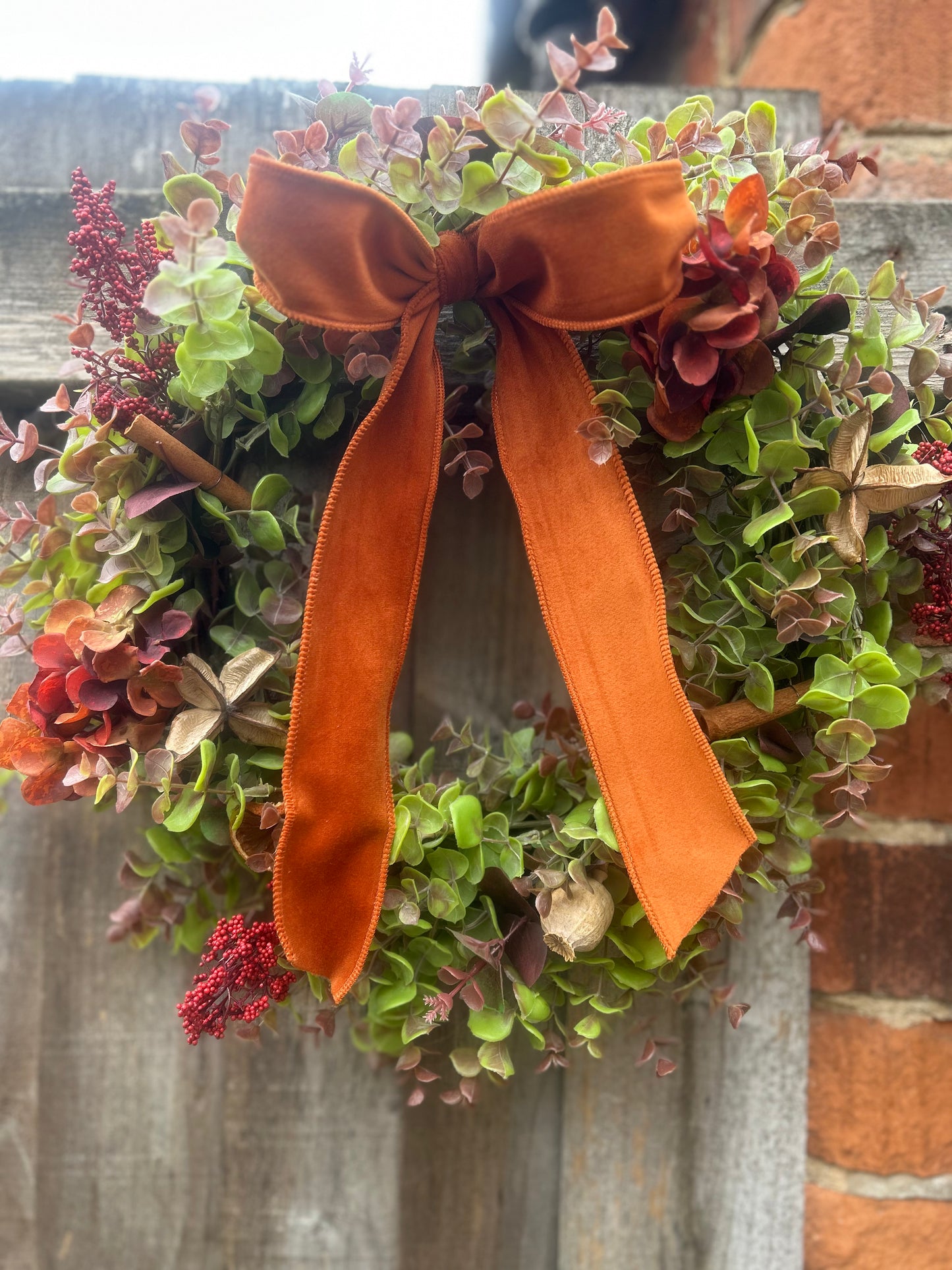 Christmas Hydrangea & Eucalyptus Artificial Wreath -Burnt Orange Velvet Ribbon