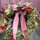 Christmas Hydrangea & Eucalyptus Artificial Wreath -Dusty Pink Velvet Ribbon