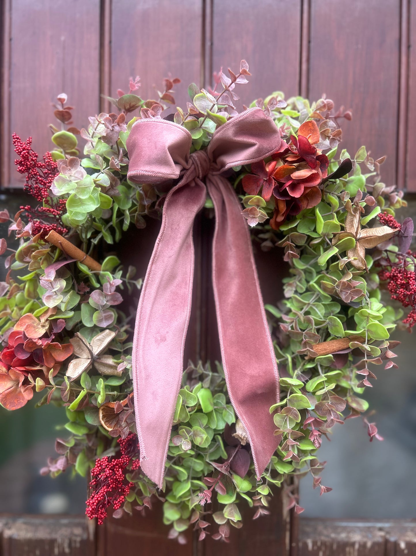 Christmas Hydrangea & Eucalyptus Artificial Wreath -Dusty Pink Velvet Ribbon