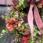 Christmas Hydrangea & Eucalyptus Artificial Wreath -Dusty Pink Velvet Ribbon