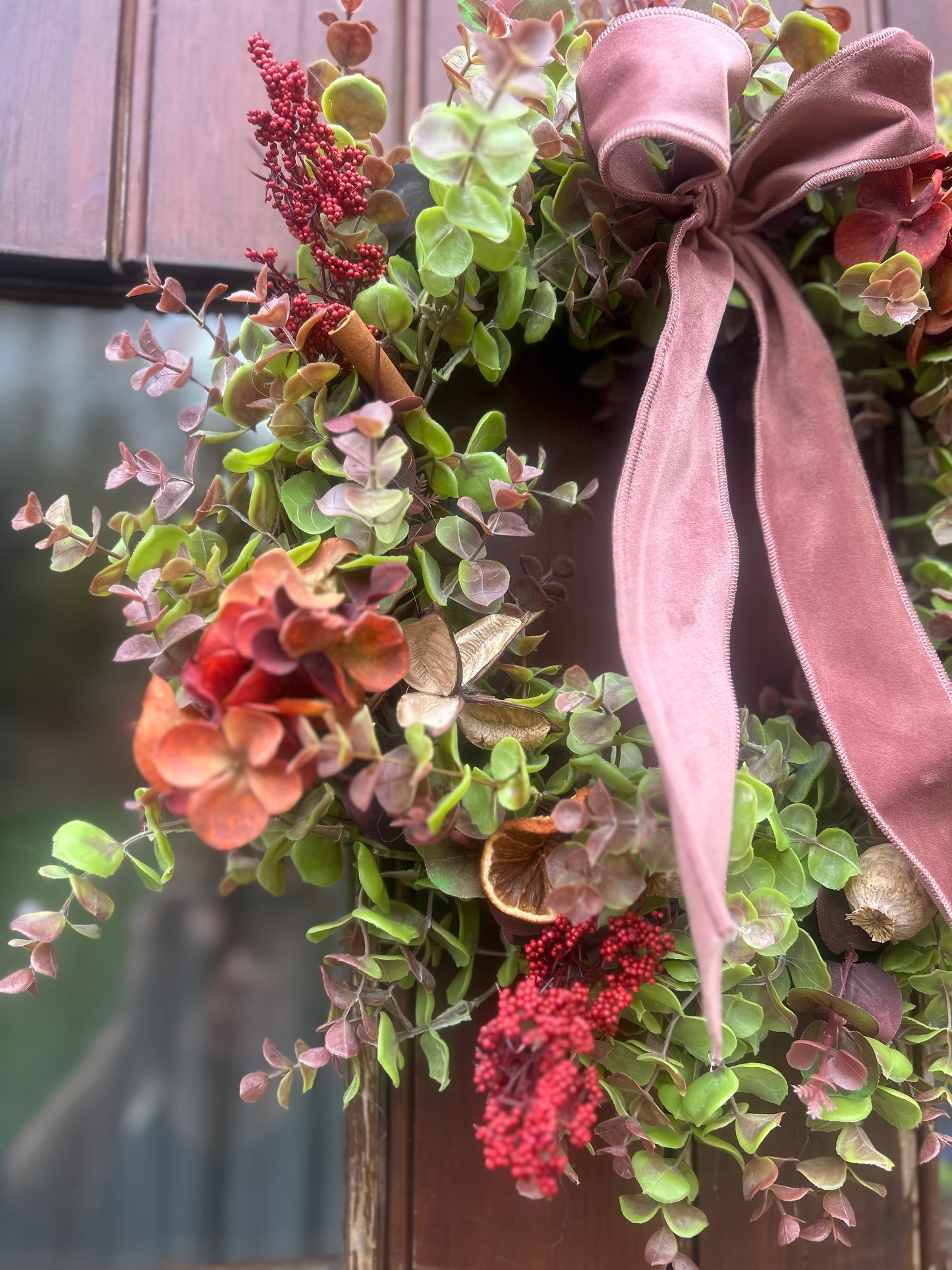 Christmas Hydrangea & Eucalyptus Artificial Wreath -Dusty Pink Velvet Ribbon