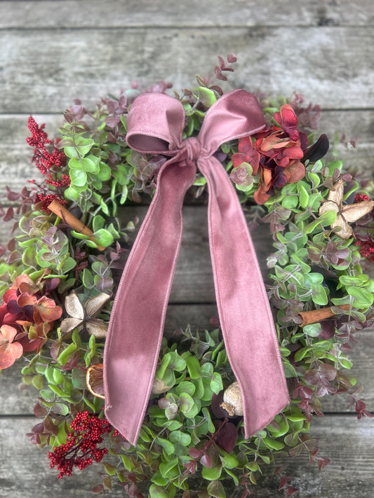 Christmas Hydrangea & Eucalyptus Artificial Wreath -Dusty Pink Velvet Ribbon
