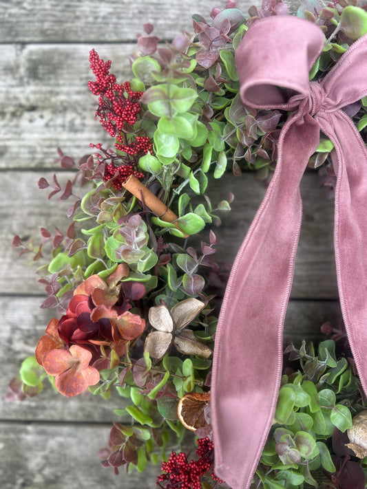 Christmas Hydrangea & Eucalyptus Artificial Wreath -Dusty Pink Velvet Ribbon