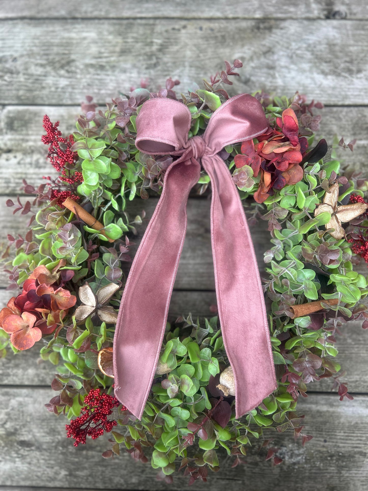 Christmas Hydrangea & Eucalyptus Artificial Wreath -Dusty Pink Velvet Ribbon