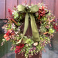 Christmas Hydrangea & Eucalyptus Artificial Wreath -Olive Green Velvet Bow