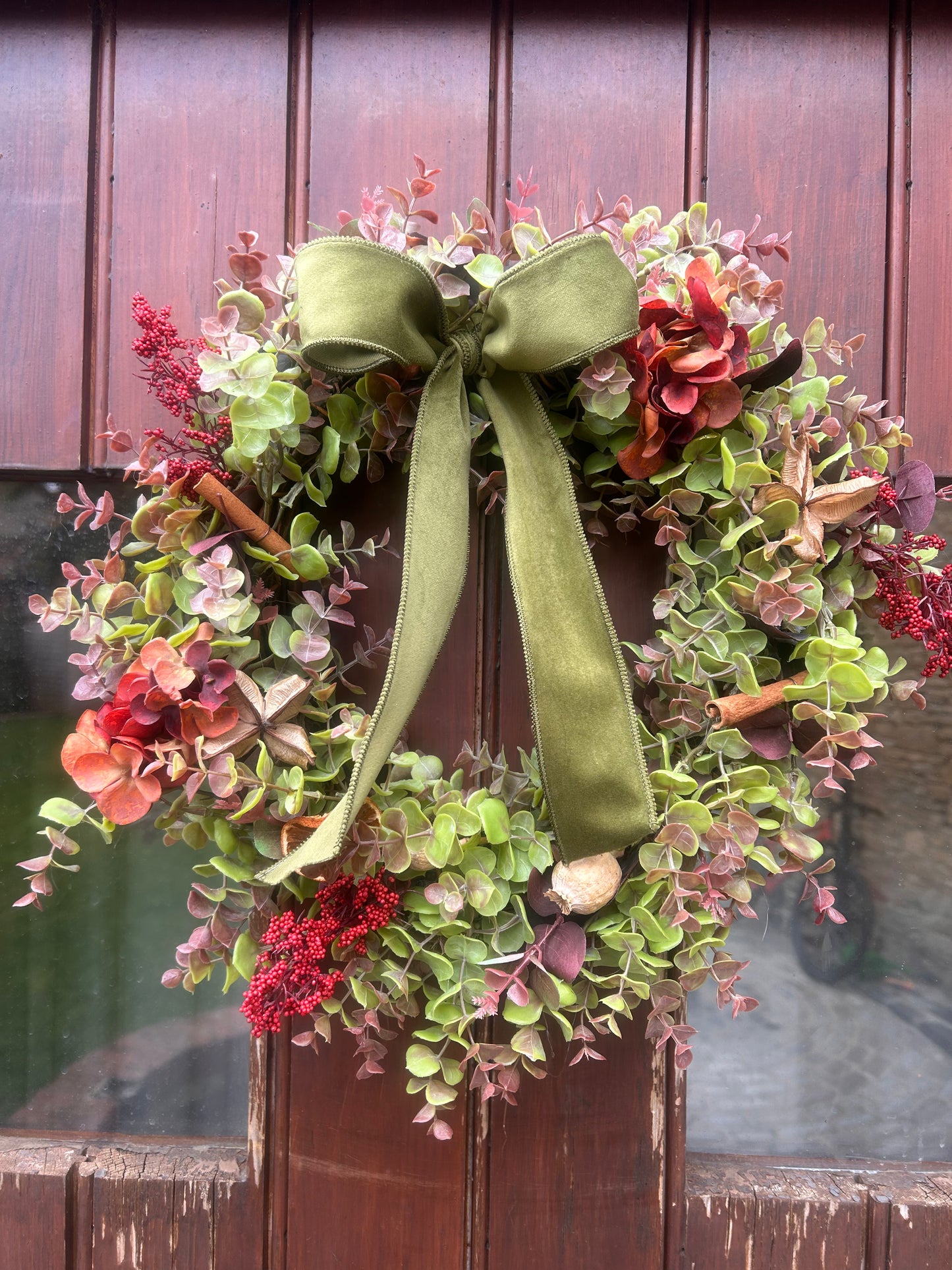 Christmas Hydrangea & Eucalyptus Artificial Wreath -Olive Green Velvet Bow