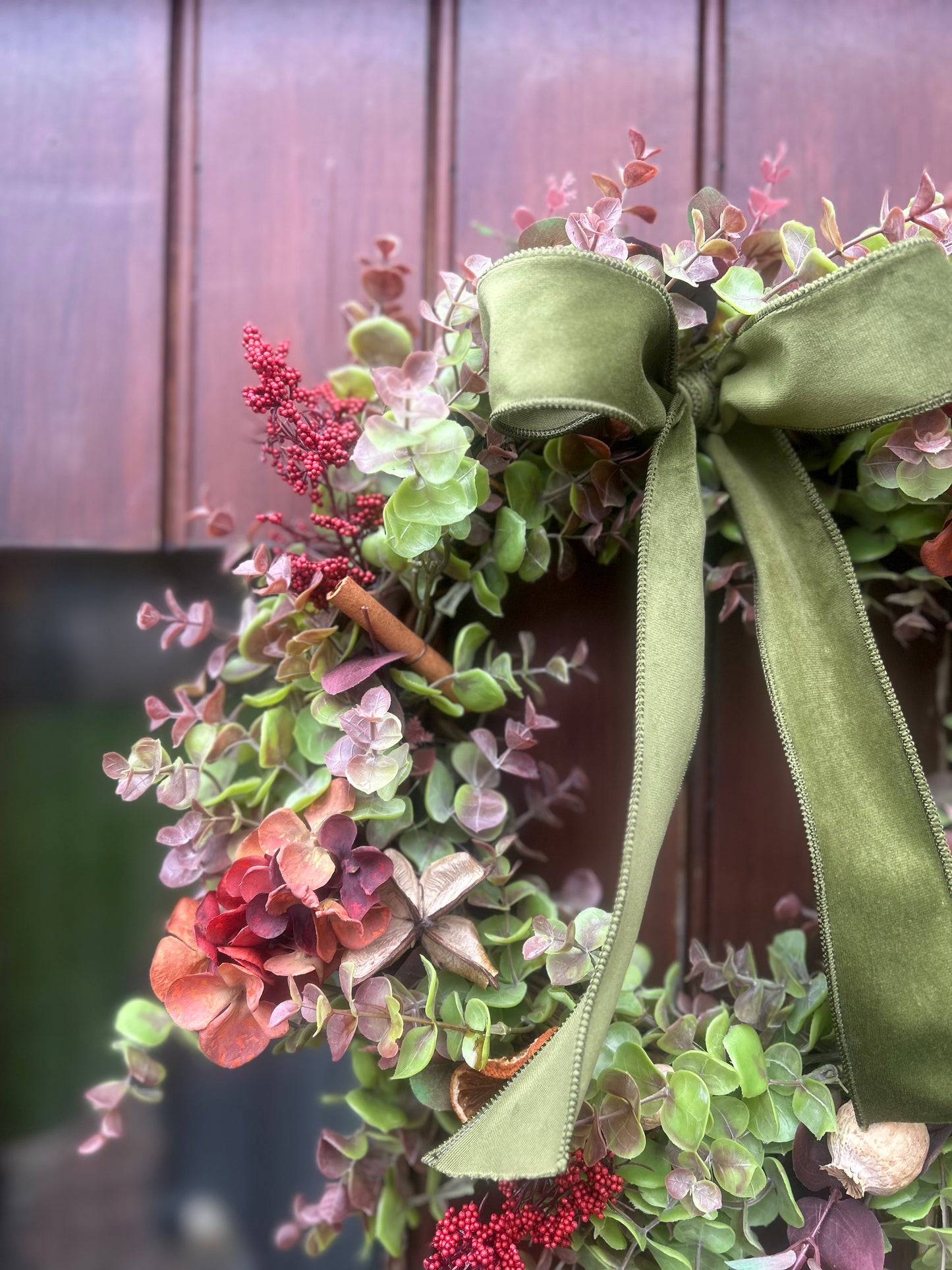 Christmas Hydrangea & Eucalyptus Artificial Wreath -Olive Green Velvet Bow