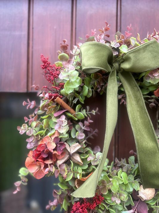 Christmas Hydrangea & Eucalyptus Artificial Wreath -Olive Green Velvet Bow