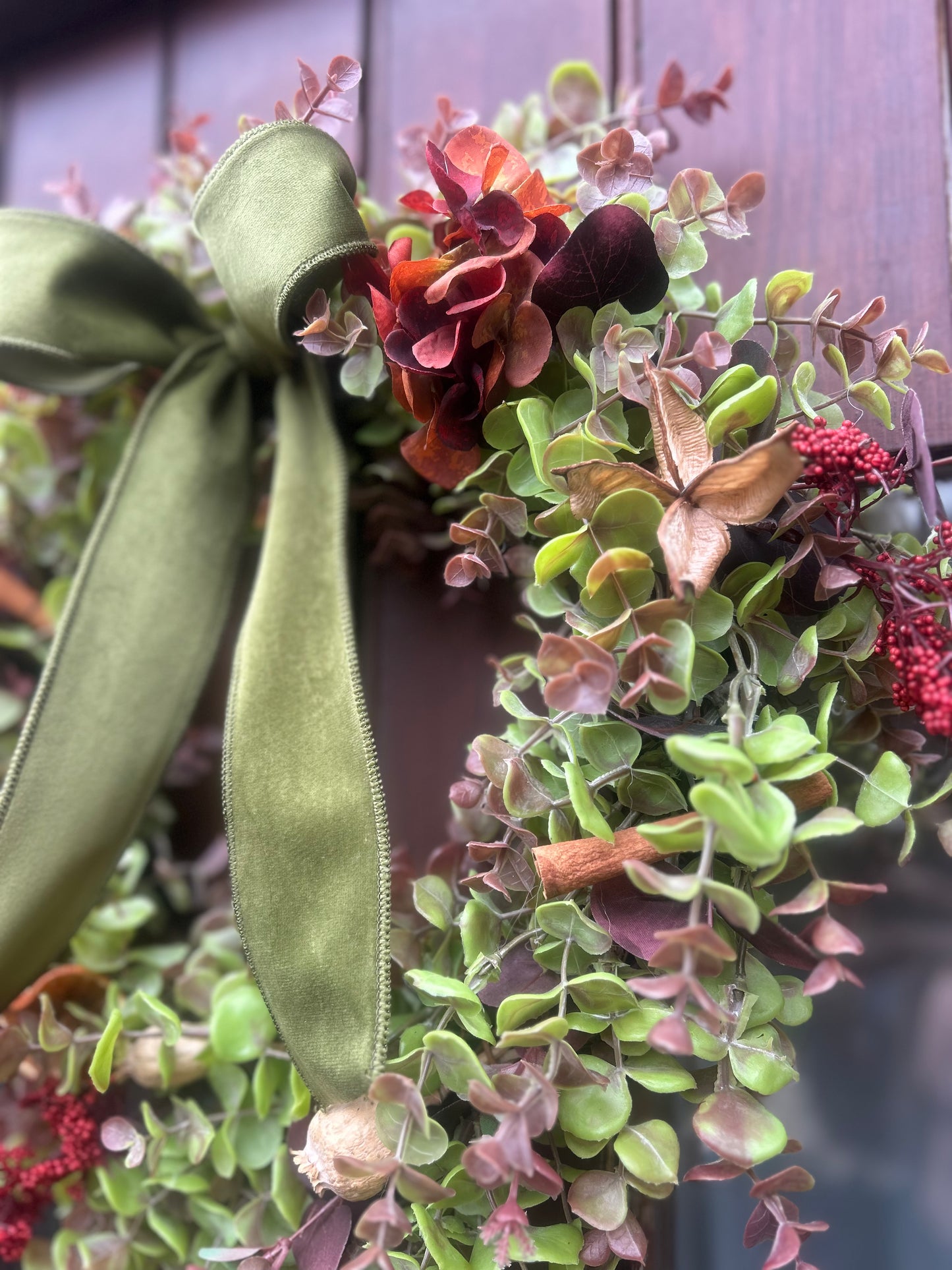 Christmas Hydrangea & Eucalyptus Artificial Wreath -Olive Green Velvet Bow