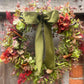 Christmas Hydrangea & Eucalyptus Artificial Wreath -Olive Green Velvet Bow