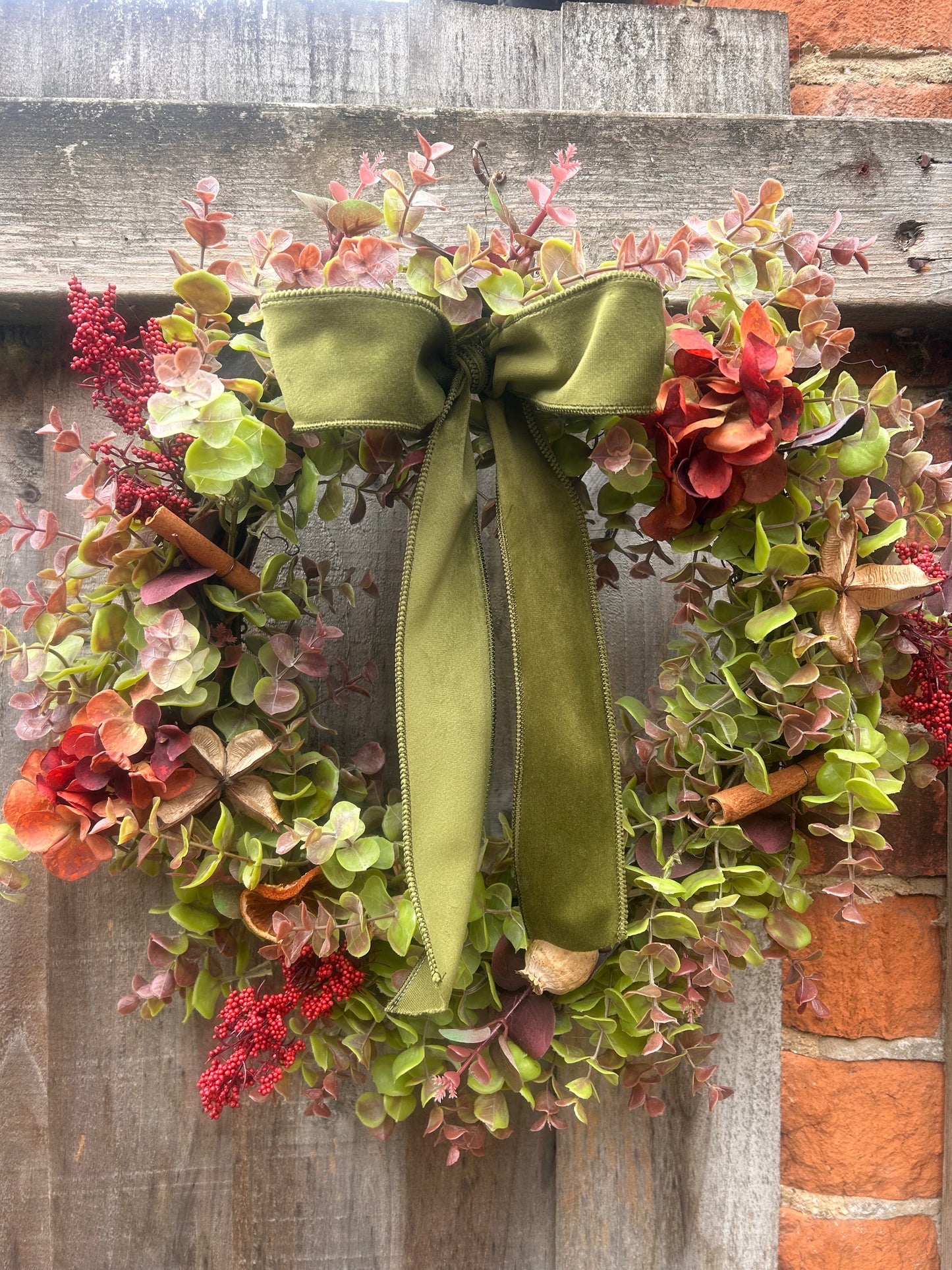 Christmas Hydrangea & Eucalyptus Artificial Wreath -Olive Green Velvet Bow