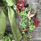 Christmas Hydrangea & Eucalyptus Artificial Wreath -Olive Green Velvet Bow