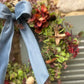 Christmas Hydrangea & Eucalyptus Artificial Wreath -Vintage Blue Velvet Bow