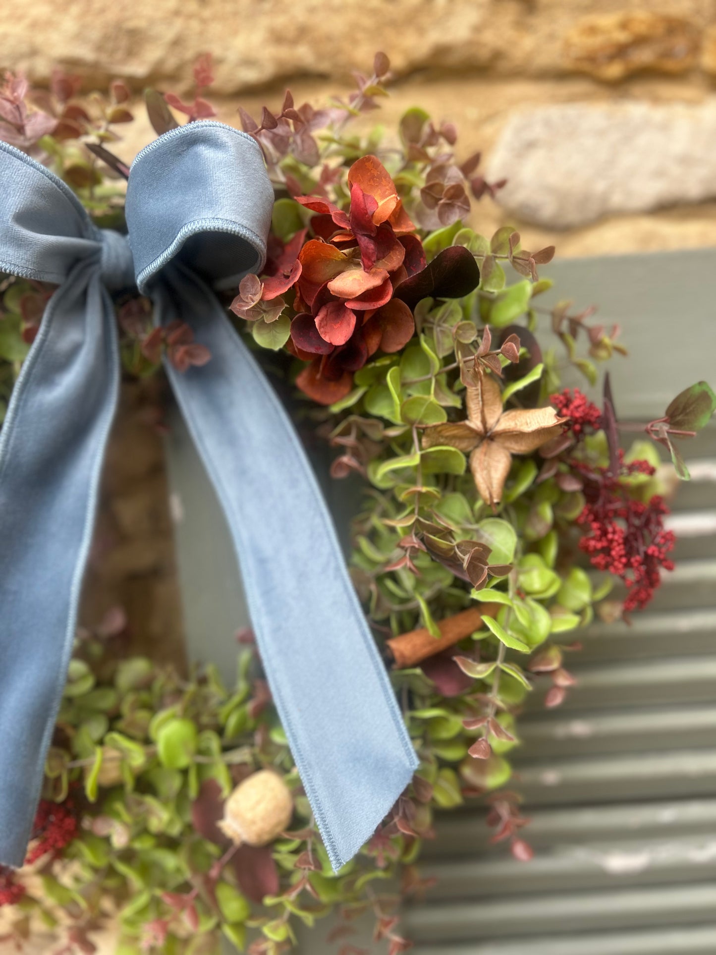 Christmas Hydrangea & Eucalyptus Artificial Wreath -Vintage Blue Velvet Bow
