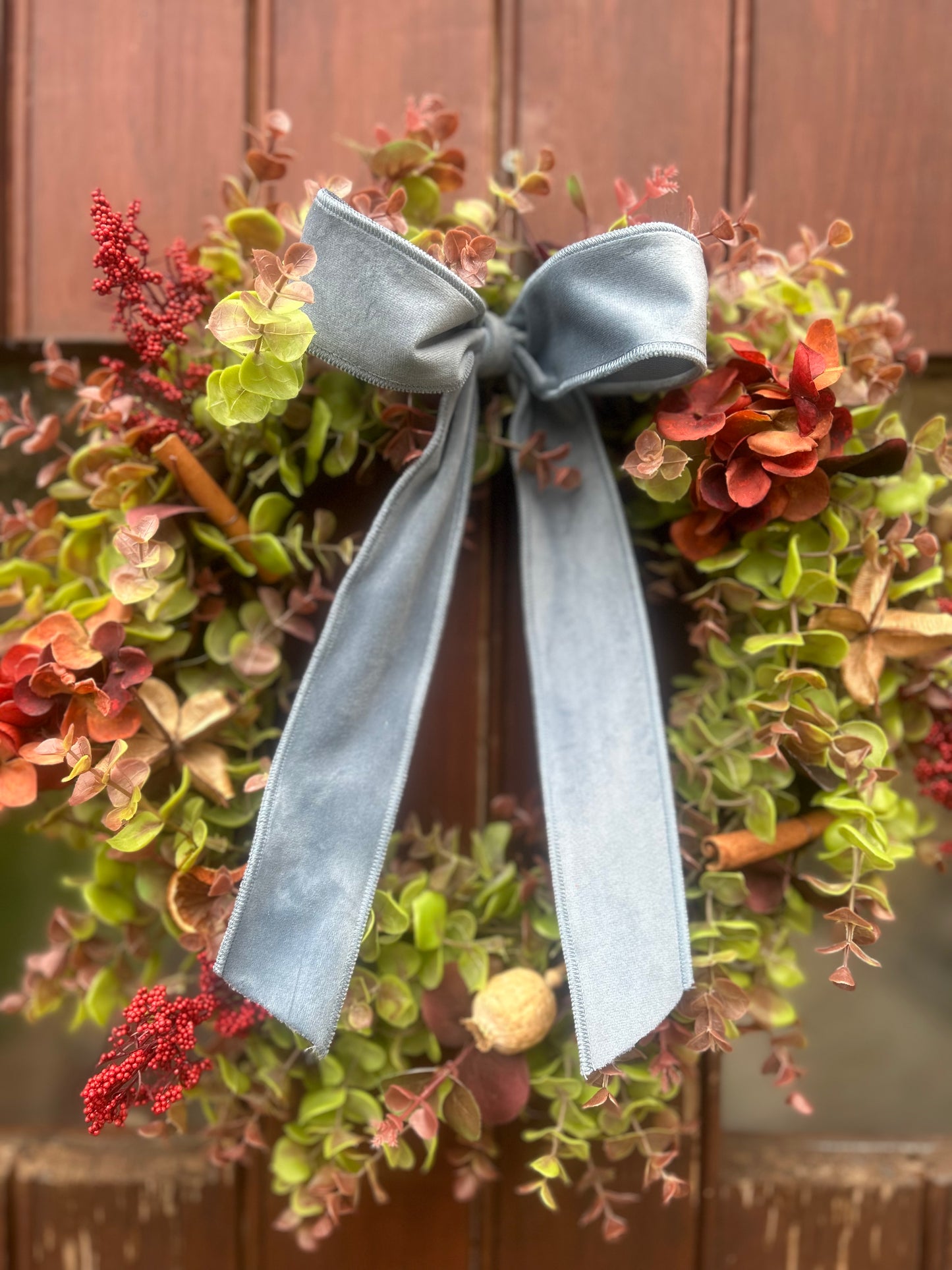 Christmas Hydrangea & Eucalyptus Artificial Wreath -Vintage Blue Velvet Bow