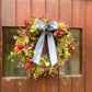 Christmas Hydrangea & Eucalyptus Artificial Wreath -Vintage Blue Velvet Bow
