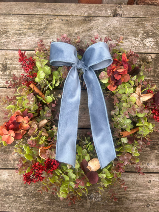 Christmas Hydrangea & Eucalyptus Artificial Wreath -Vintage Blue Velvet Bow
