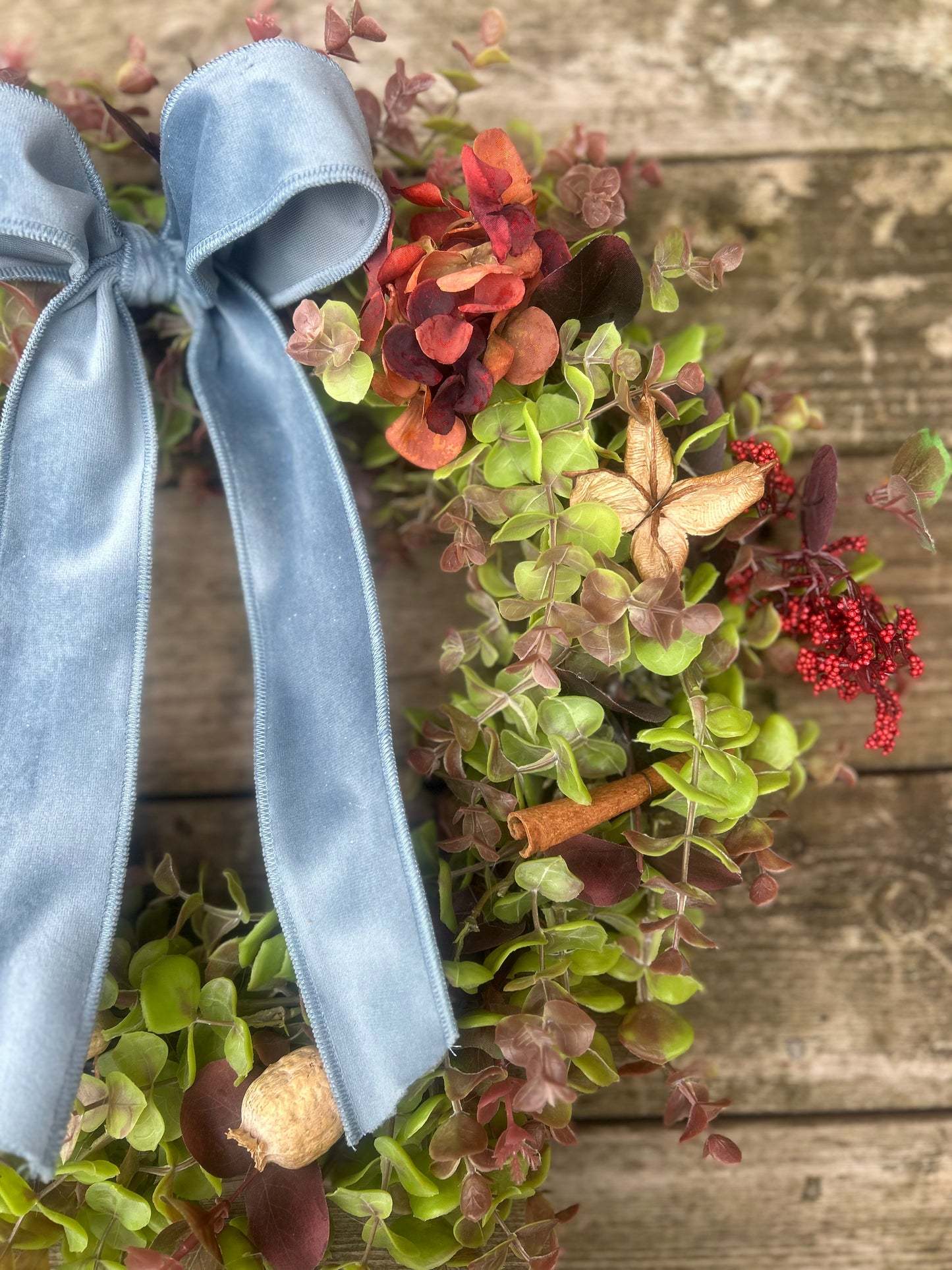 Christmas Hydrangea & Eucalyptus Artificial Wreath -Vintage Blue Velvet Bow