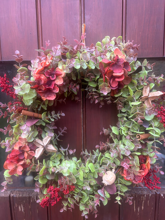 Autumn /Winter Hydrangea & Eucalyptus Artificial Wreath with Berries and Botanicals