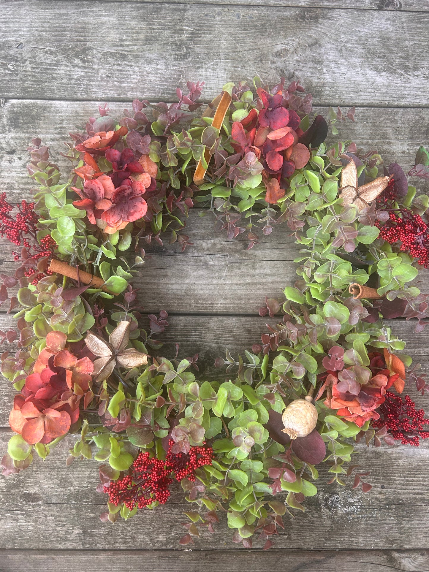 Autumn /Winter Hydrangea & Eucalyptus Artificial Wreath with Berries and Botanicals