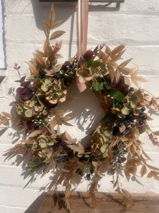 Rustic Autumn Hydrangea  Artificial Wreath- Deep Red and Green