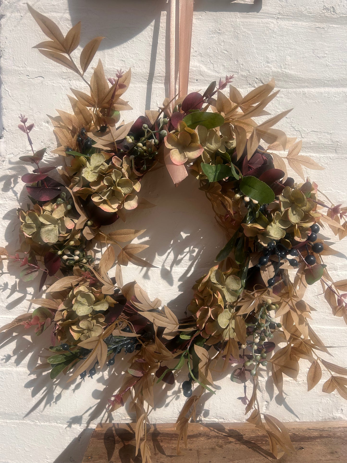 Rustic Autumn Hydrangea  Artificial Wreath- Deep Red and Green