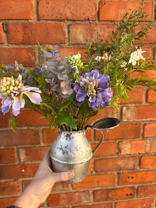 French Antique Metal Jug with Purple Wild Flowers