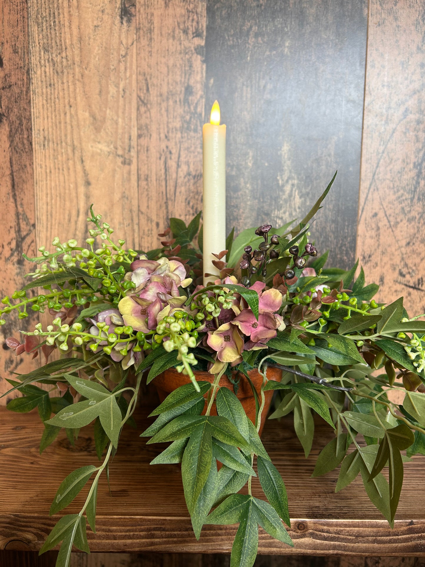 Faux Flower and candle Table Centrepiece -Hydrangea