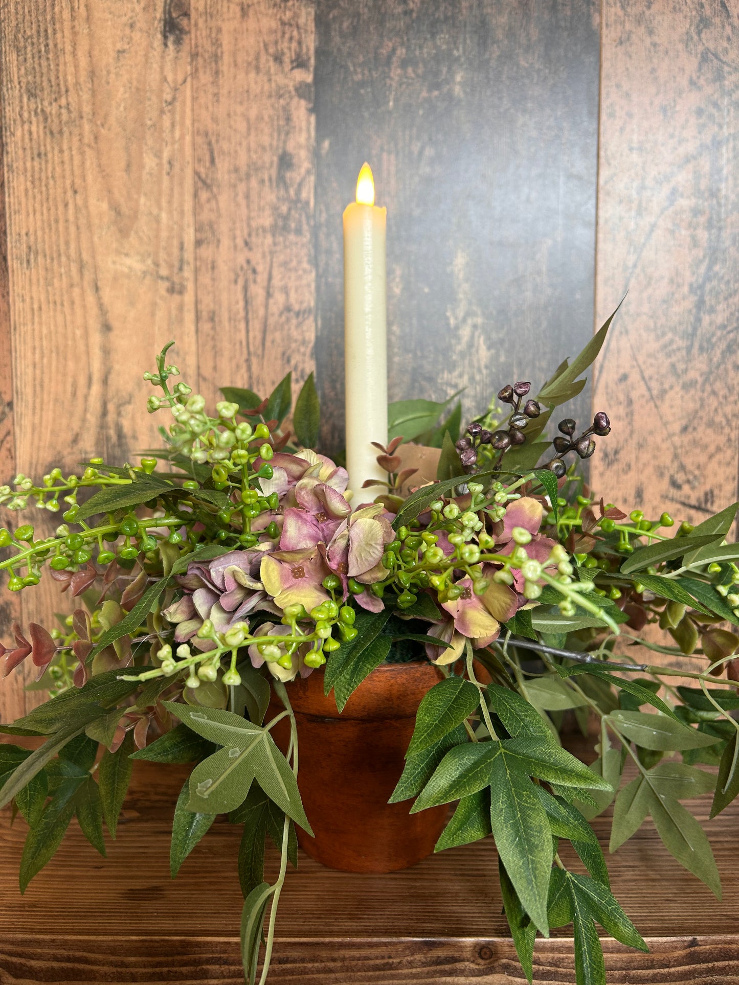 Faux Flower and candle Table Centrepiece -Hydrangea