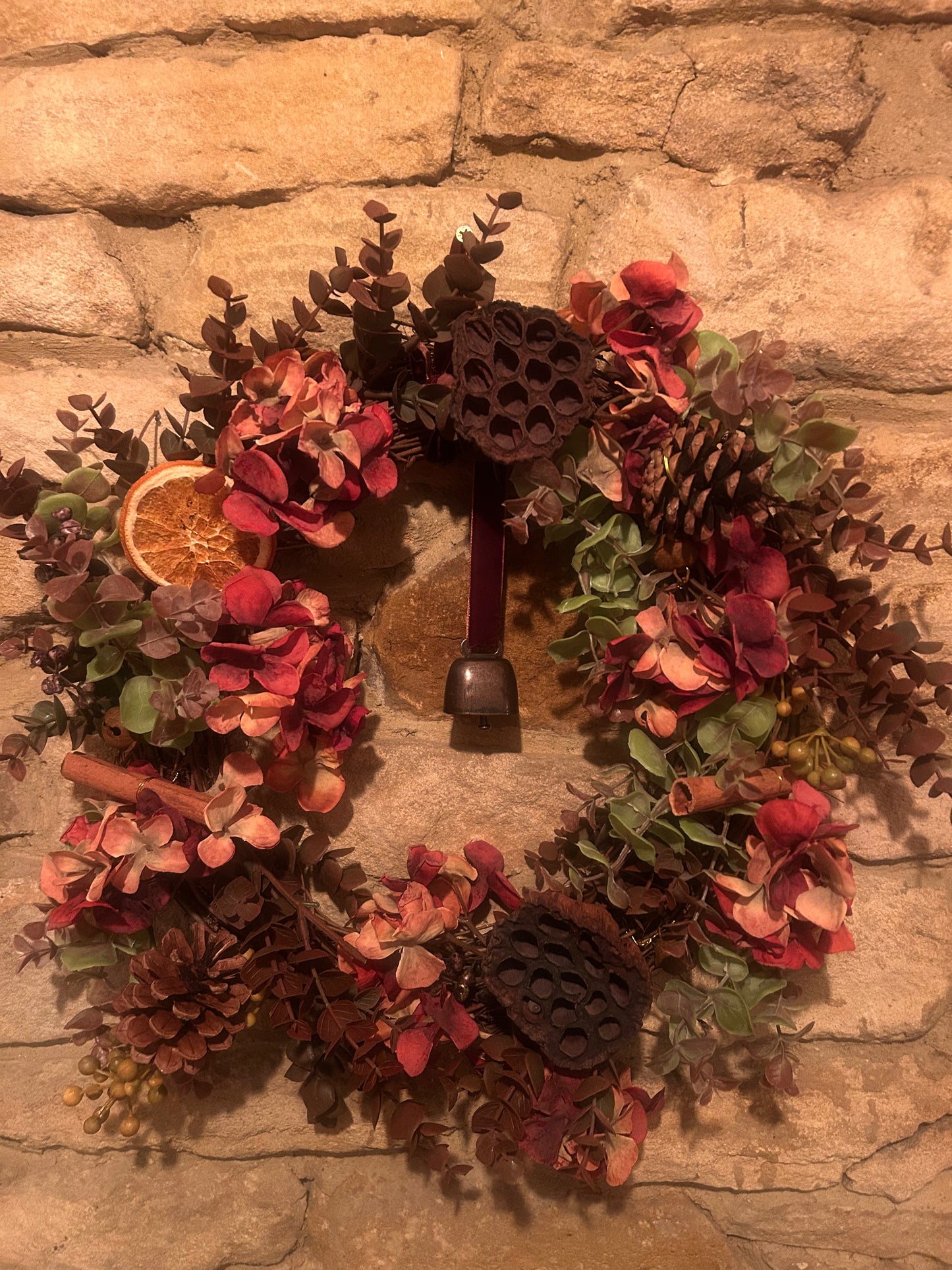 Christmas Faux Rustic Wreath with Berries, Hydrangea and Foliage and Vintage Bell