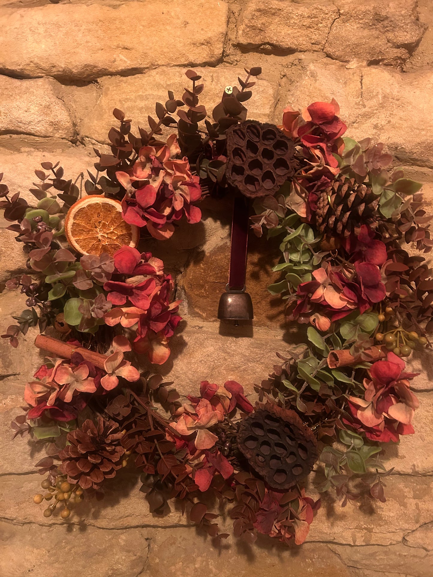Christmas Faux Rustic Wreath with Berries, Hydrangea and Foliage and Vintage Bell