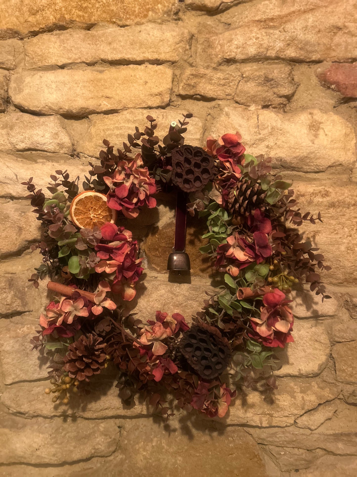 Christmas Faux Rustic Wreath with Berries, Hydrangea and Foliage and Vintage Bell