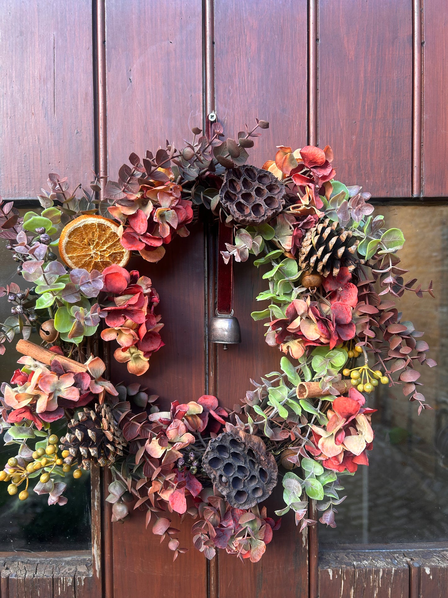 Christmas Faux Rustic Wreath with Berries, Hydrangea and Foliage and Vintage Bell