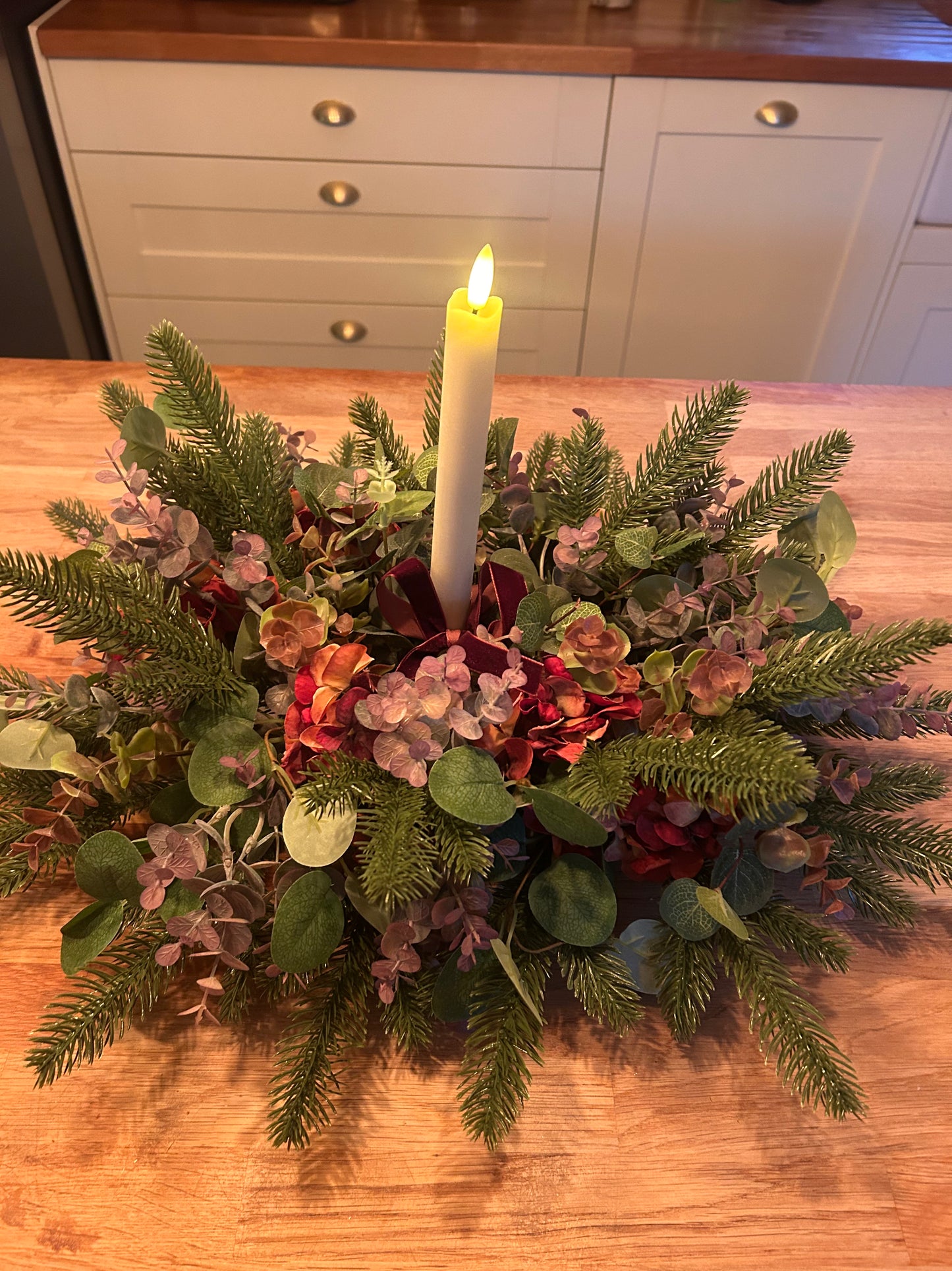 Christmas Table Centre- Faux Flower and Candle Table Centrepiece -Hydrangea, Greenery and Pine