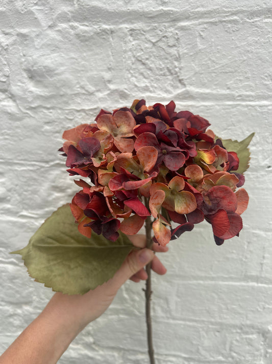 Faux Hydrangea Stem – Burnt Orange & Burgundy