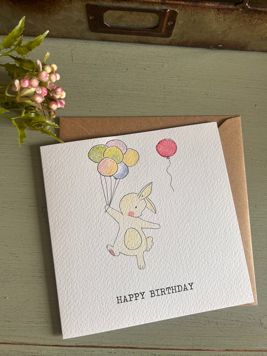 Hand Illustrated Bunny & Balloons Birthday Card