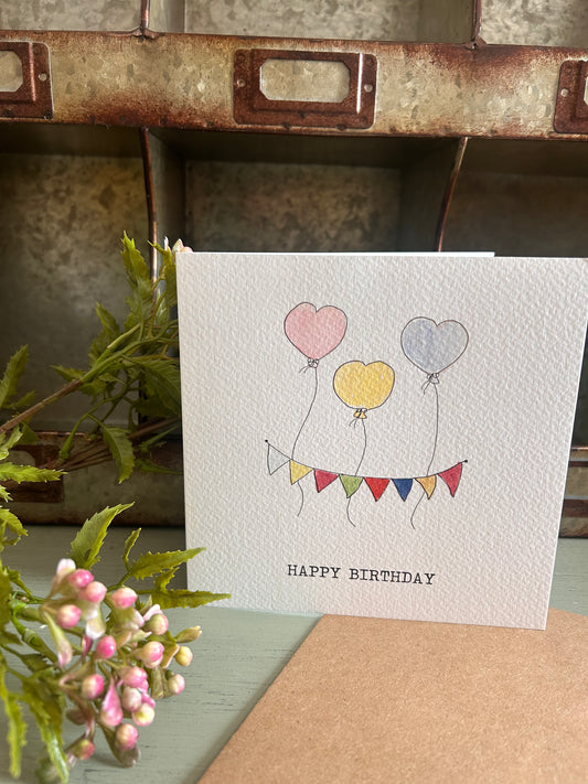Hand Illustrated Heart Balloon Birthday Card