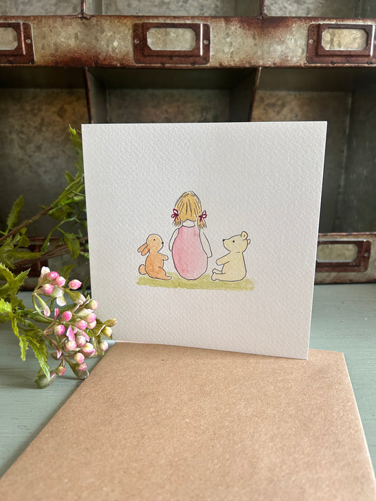Hand Illustrated Girl with Bunny & Bear Card