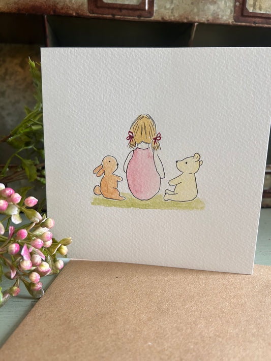 Hand Illustrated Girl with Bunny & Bear Card