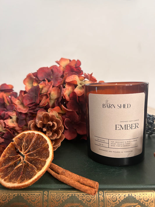 Rustic Handmade Candle - Ember| Cosy, Woodland Nature Scent in Amber Glass Pot