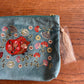 Velvet Hand Embroidered Zip Pouch – Folk Art Hedgehog (Aqua)