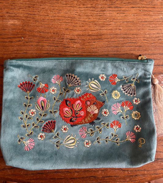 Velvet Hand Embroidered Zip Pouch – Folk Art Hedgehog (Aqua)
