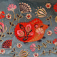 Mini Velvet Hand Embroidered Pouch – Folk Art Hedgehog (Aqua)