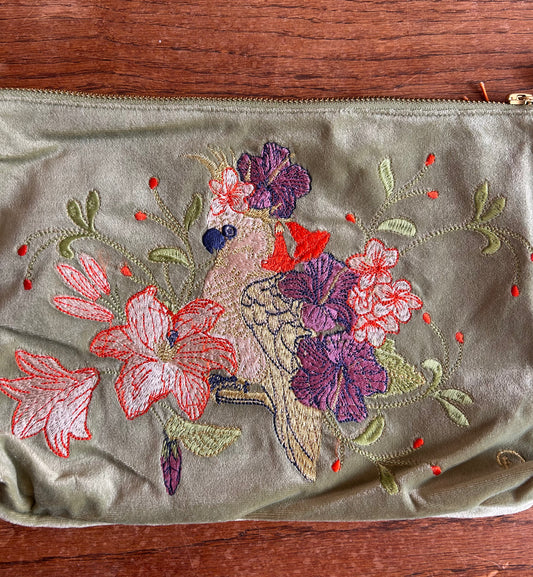 Velvet Hand Embroidered Zip Pouch – Cockatoo (Sage)