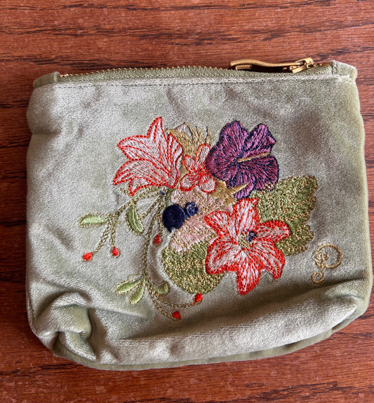 Mini Velvet Hand Embroidered Pouch – Cockatoo (Sage)