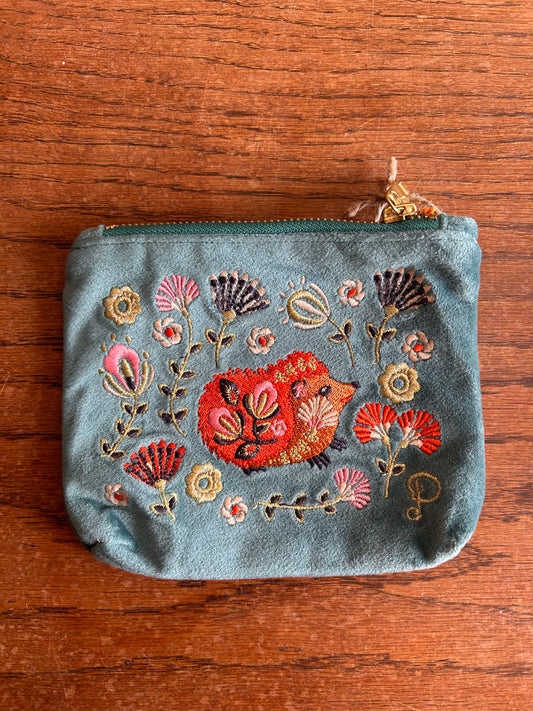 Mini Velvet Hand Embroidered Pouch – Folk Art Hedgehog (Aqua)