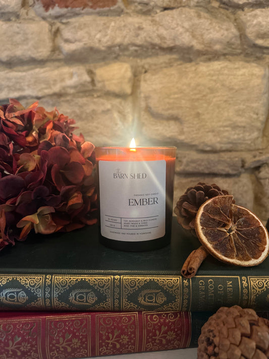 Rustic Handmade Candle - Ember| Cosy, Woodland Nature Scent in Amber Glass Pot