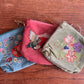 Mini Velvet Hand Embroidered Pouch – Crane at Sunrise (Coral)